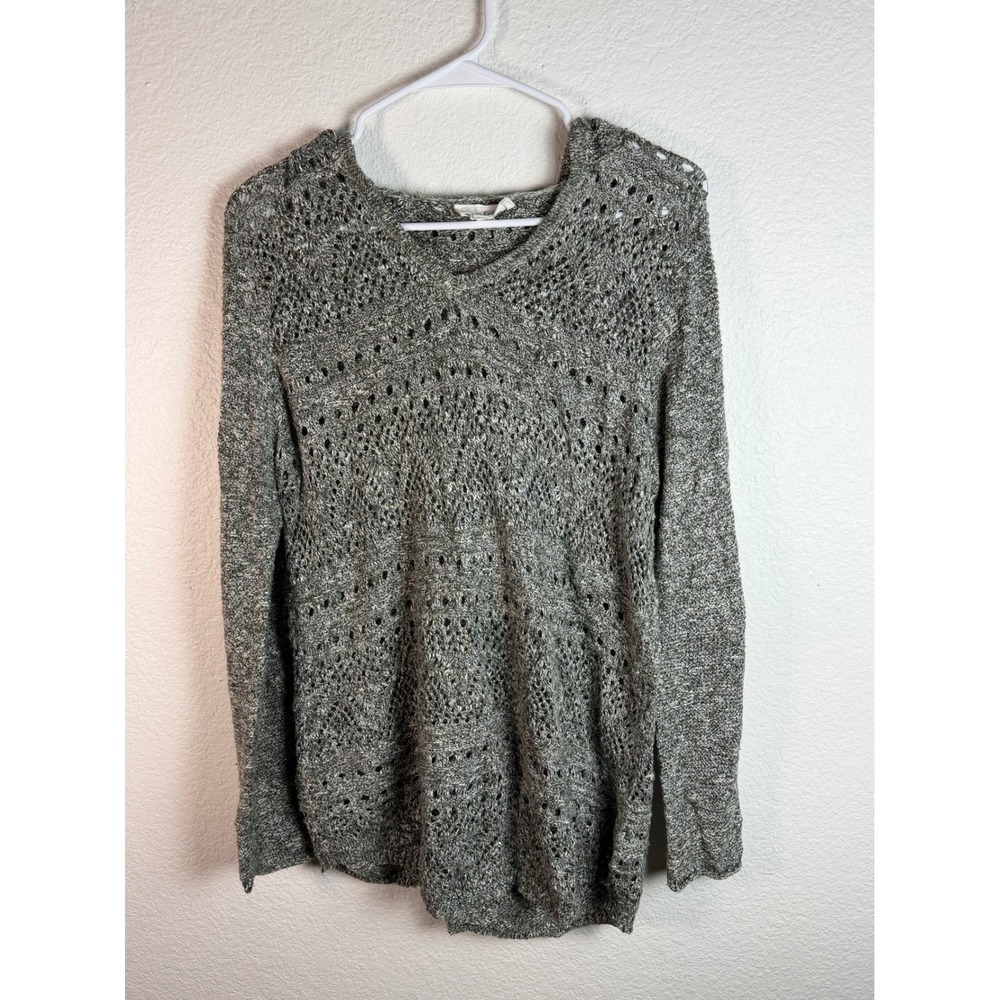 Fairy boho Y2K GrayMarled Open-Knit Hooded Sweater Tunic Green Cotton Blend